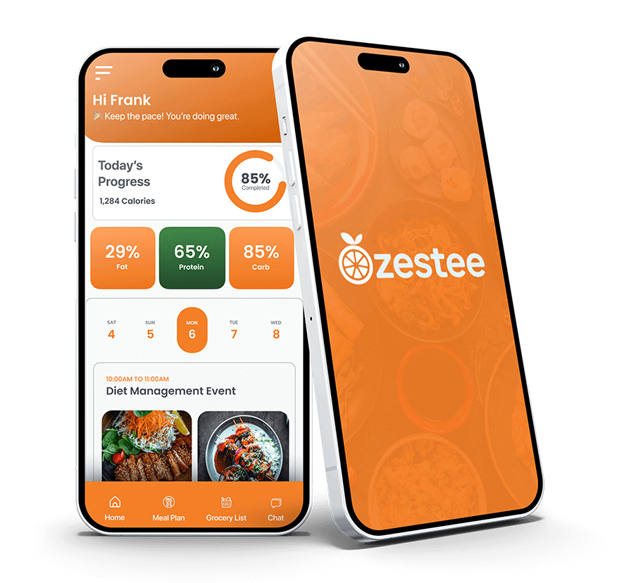 Zestee meal planning app dashboard and launch screen